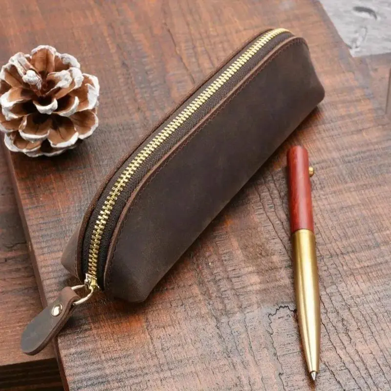 Vintage Faux Leather Pencil Pouch, Zippered Pen Case Stationery Organizer, Portable Multi‑Use Storage Bag for Glasses & School Office Supplies