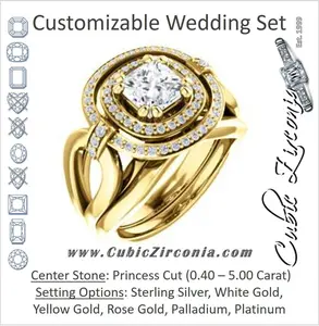 CZ Wedding Set, featuring The Kandie Lue engagement ring (Customizable Cathedral-set Princess Cut with 2x Halo and Prong Accents)