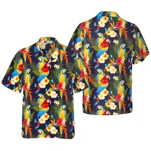 Flower And Parrot Hawaiian Shirt, Short Sleeve Casual Button Down Shirts Summer Beach Shirt, Tropical Floral Shirt