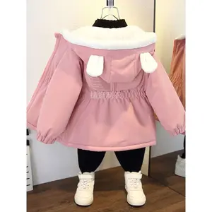 NewStylish Warm Bunny Hooded Coat For Girls, Thick With Plush Lined, Casual Parkas For Winter/Fall