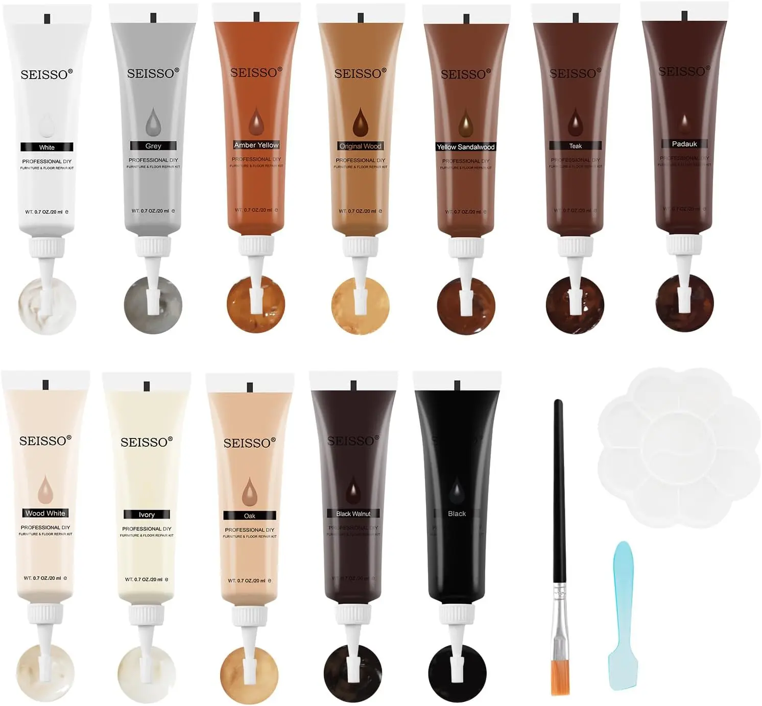 SEISSO Furniture Repair Kit, Wood Touch up Fillers, 12 Colors Wood Filler Paint with color palette, for Touch Up Scratches, Stains, Cracks, Hole, of Wooden Floors, Cabinet, Tables, Carpenters