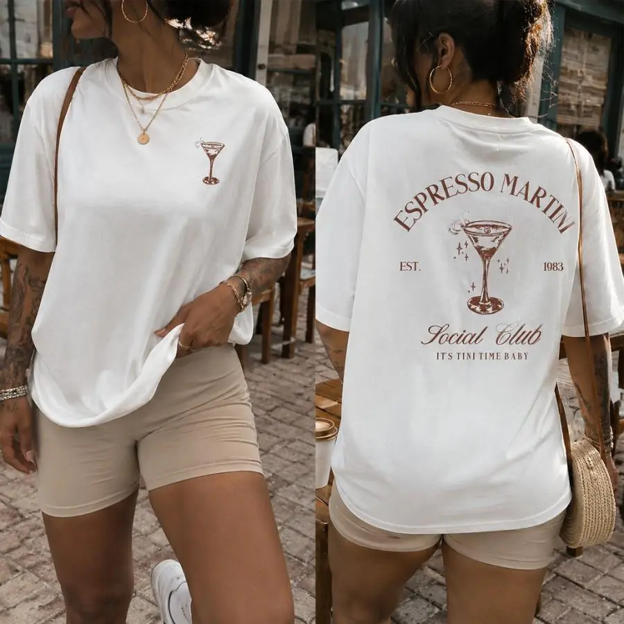 Women's Oversized Espresso Martini Social Club Graphic Short-Sleeve White Tee - Comfortable Trendy Aesthetic Daily Streetwear, Graphic T Shirts, Tops for Women, Going Out Tops, Trending Clothes