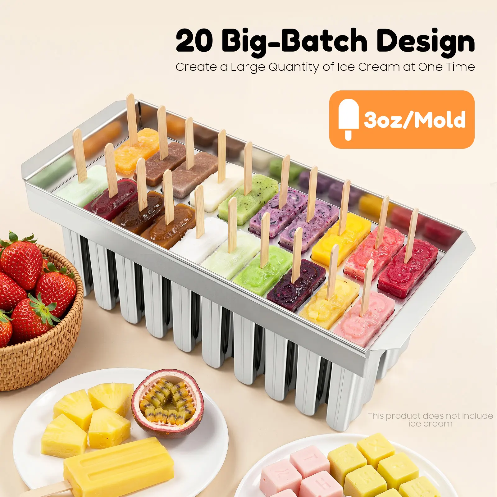 CNCEST Rectangular Solid Metal Silver Lolly & Ice Cream Moulds - 1 Unit, 20-Cavity (3oz Each, 20 Pcs Total), 3.4kg, 32.5*15.5*13cm, Smooth Easy-Release, Quick-Freeze, Durable Kitchen Utensil with 100 Sticks for Summer Homemade DIY & Supermarkets