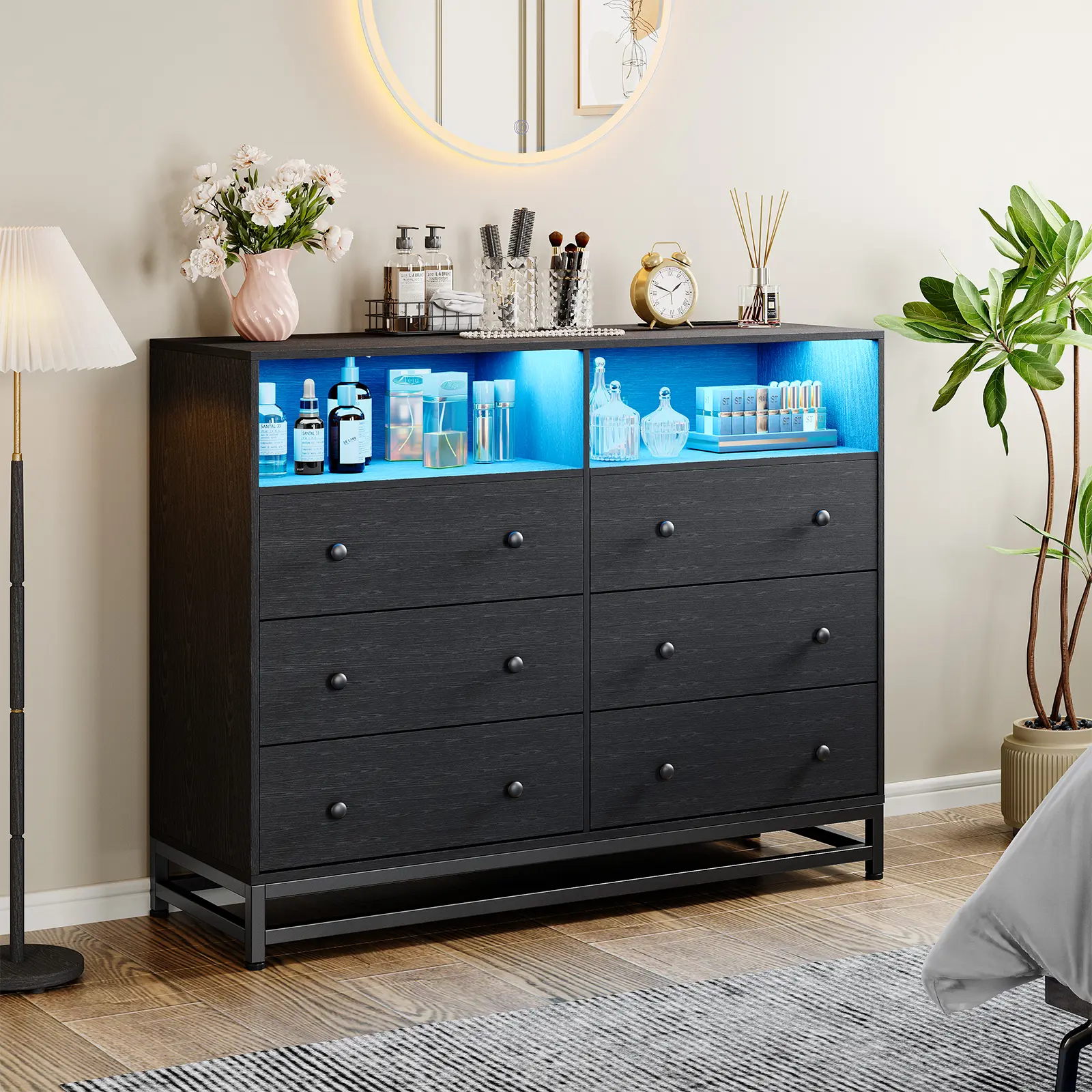 47.2"(w)x15.8"(d)x36.2"(h) Modern 6-Drawer Black LED Dresser with Charging Station - Sturdy, Eco-Friendly Modern Chest Drawers, Entryway Sideboard with Storage, Stylish Solution for Bedroom, Living Room