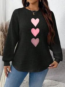 Women's Spring Long Sleeve Round Neck Top, Valentine's Day Love Heart Design, Plaid Fabric Curved Hem Side Slit Knitted Sweater, Casual Knitwear