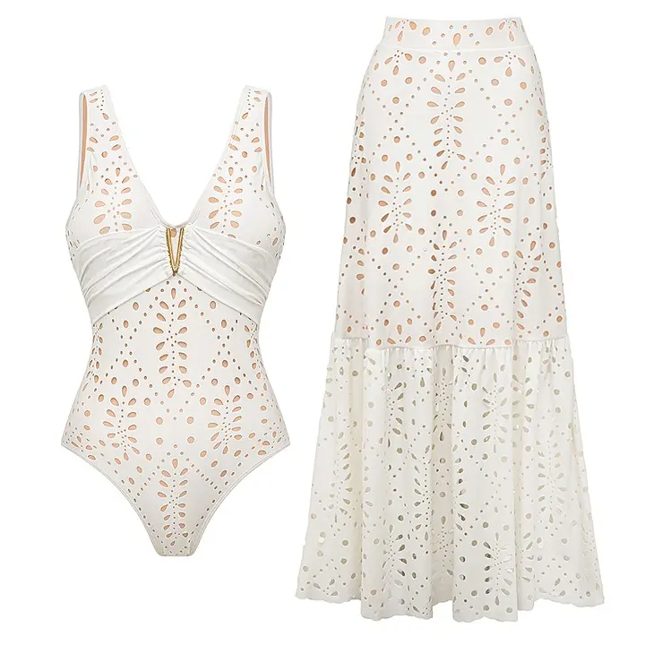FLAXMAKER Women's V Neck White Laser Cut One Piece Swimsuit and Matching Skirt Set Beachwear Swimdress Bathing Suit woman Swimwear Tummy Control Swimsuit Swim Dress Bathing Suit Stylish Beachwear #Summervibes outdoorfun #SwimWeek