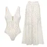 FLAXMAKER Women's V Neck White Laser Cut One Piece Swimsuit and Matching Skirt Set Beachwear Swimdress Bathing Suit woman Swimwear Tummy Control Swimsuit Swim Dress Bathing Suit Stylish Beachwear #Summervibes #dailydeals#tiktokshopstockup