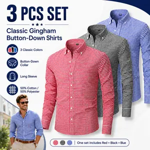 Men's 3 Pack Gingham Button Down Shirts, Long Sleeve Casual Dress Shirts, Cotton Blend Plaid Shirts for Work, Office, Daily Wear