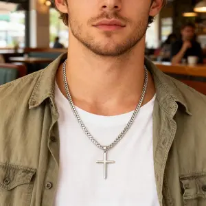 Unisex Fashion Hip Hop Cross Necklace,  Stainless Steel  Pendant Chain 14K Gold Plated Mens Cross Necklaces with Cuban Chain 18-24 Inches