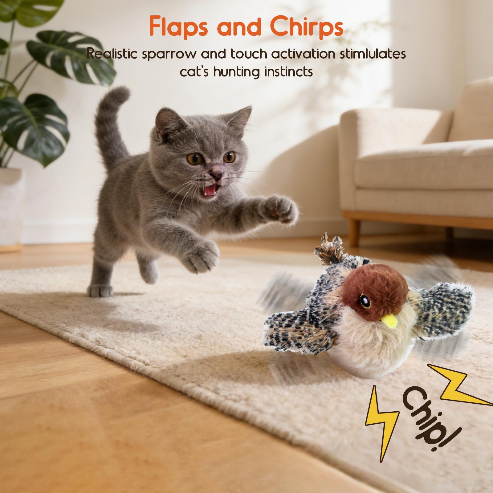 Flying Bird Cat Toy with Realistic Bird Sounds—a rechargeable, touch-activated interactive toy for kittens. This hanging cat toy is an interactive exercise toy suitable for cats of all breeds