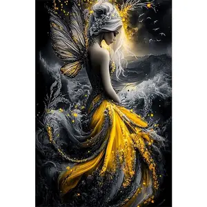 1PCS Magical Fairy Diamond Painting Kit with Glittering Wings and Yellow Dress DIY Craft for Home Decor