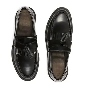 Classic Black Tassel Penny Loafers for Couples - Comfortable Business Casual Shoes with Cork Insole, Durable PU Cover & Chunky Heel Design, Rounded Toe, All-Season Wear, Comfortable Footwear | Tassel Detail | Durable Construction, Dressy Shoes