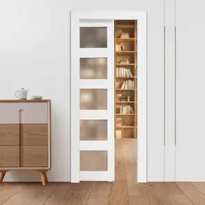 fathersdaygift VEVOR Sliding Pocket Door, 30x 80, 5-Lite Frosted Glass Single Sliding Door with Hardware Kit, Sturdy Solid Wood MDF Pocket Doors Slab with Waterproof Surface for Bedroom Kitchen Study Room