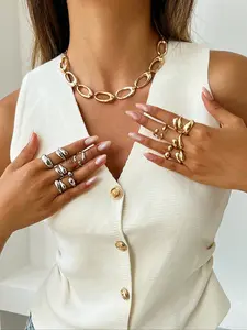 Exaggerated Punk Hip-Hop Geometric Clavicle Chain Necklace, Fashion Minimalist Thick Necklace, Unisex Streetwear Jewelry, Chunky Necklace, Bold Modern Look, Punk Influence, Zinc Alloy Material