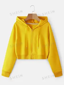 Solid Zip Up Drawstring Crop Thermal Lined Hoodie Long Sleeve Womenswear Sweaters,Comfort wear,