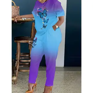 [Plus Size Butterfly Print Set] Plus Size Ladies' Casual Two-Piece Set| Ombre Butterfly Print, Pockets On Pants