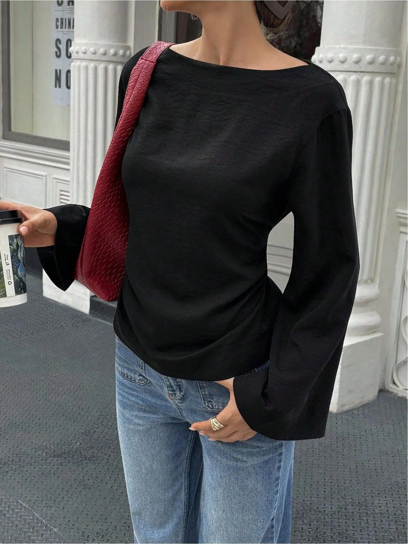 Casual Loose Fit Long Sleeve Blouse, Back Tie Waist Design, Pure Color Women's Top, Comfortable and Stylish, Perfect for Daily Wear