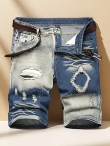 Men's slim fit skinny denim shorts, ripped skinny street denim shorts, stylish straight comfortable waist denim shorts jorts  outfit  men comfort flex waist Men's Casual Breathable Shorts