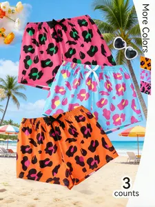 New! Women's Heart Print Elastic Waist Shorts Pyjama Set, 3 pack，Casual Comfy Shorts Set, Ladies Soft Sleepwear for All Seasons