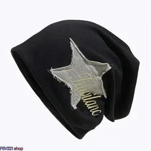 Unisex Y2K Cotton Knit Slouchy Beanie - Embroidered Star Patch, Oversized Soft Streetwear Skull Cap, Warm Headwear for Fall, Winter Daily Wear
