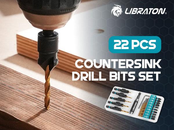 【Fathersdaygift】Libraton Countersink Drill Bit Set, 22 PCS Wood Counter Sink Drill Bit Adjustable, #4, #6, #8, #10, #12, Magnetic Drill Bit Holder Extension for Woodworking, Screwdriver Bits with Storage Box