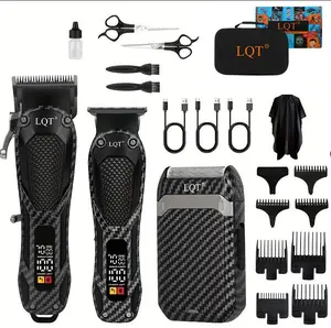LQT 3-Piece Professional Cordless Men's Grooming Kit - 2000mAh Rechargeable Hair Clipper, Detail Trimmer & Shaver Set with Carbon Fiber Design, LED Display, Barber Grade for Home Haircuts & Beard Grooming