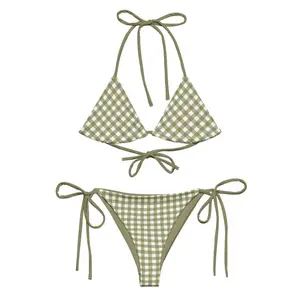 Green Gingham Bikini Set, Triangle Bikini Top, String Bikini set