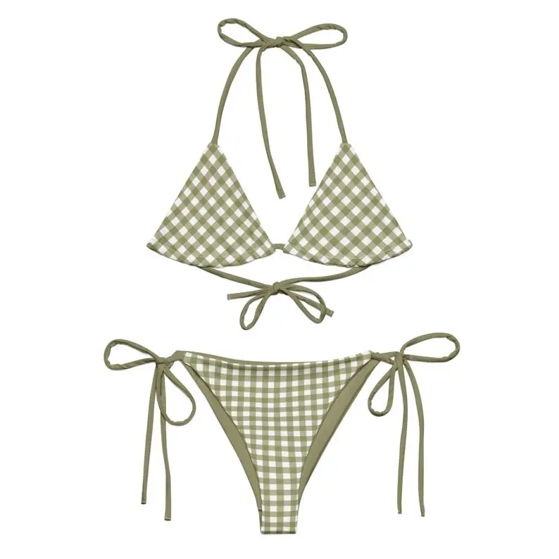 Green Gingham Bikini Set, Triangle Bikini Top, String Bikini set