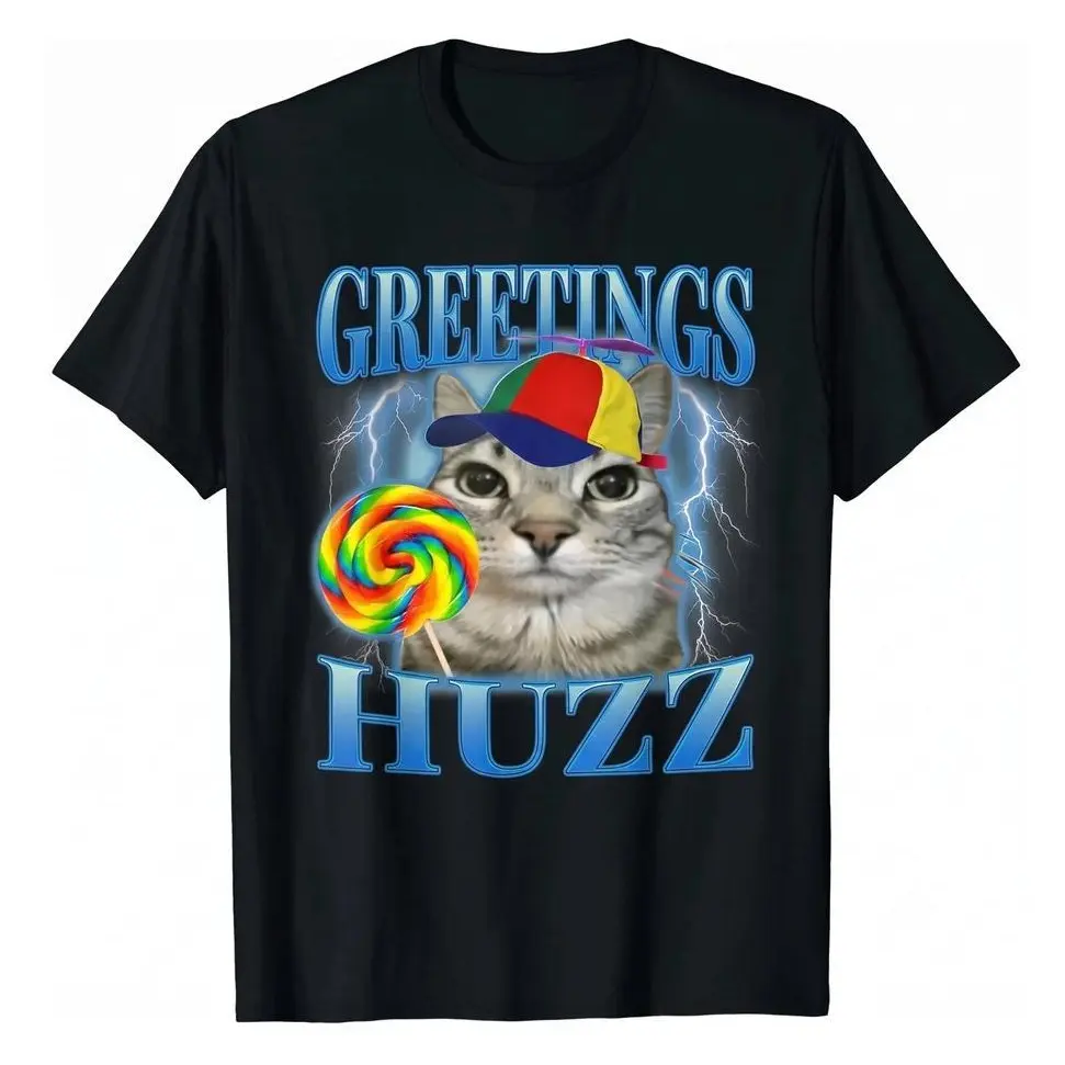 Unisex Greetings Huzz Cat animal T-Shirt | Funny Propeller Hat and Rainbow Lollipop Graphic Tee | Absurd Y2K Lightning Cat Meme Clothes for Men Women