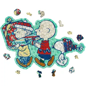 Wooden Jigsaw Puzzle Gift for Snoopy Lovers, 300 Pieces Unique Shaped, 5MM Thick, Officially Licensed Merchandise – Merry Unwrapping, 16.5" x 10.5"
