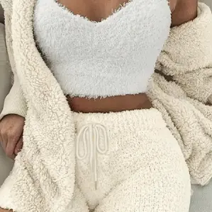 Women's Warm Fuzzy Pajama Set with Long Sleeve Hooded Robe, Tank Top, and Drawstring Shorts - Perfect for Homewear - Womenswear Comfort Pjs Bridal