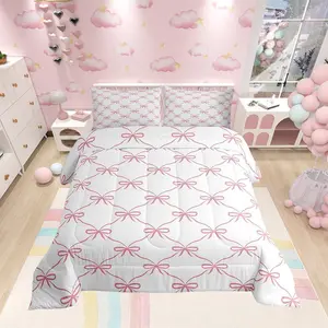 Pink Bow Comforter Set,Cute Bowknot Geometric Lattice Patchwork Bedding Set,Princess Kawaii Bow Tie Down Comforter for All Season,Kids Girls Room Decor