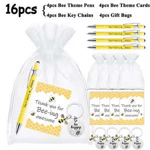 16PCS Bee Themed Party Favors Set - 4 Black Ink Ballpoint Pens, 4 Thank You Cards, 4 Organza Gift Bags, 4 Bee Keychains for Teacher Appreciation, Birthday, Graduation Gifts.