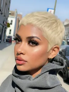 Pixie Cut Human Hair Wigs, Daily Party Cosplay Gift Use Wig, Blonde Machine Made Short Straight Layered Human Hair Wig for Women