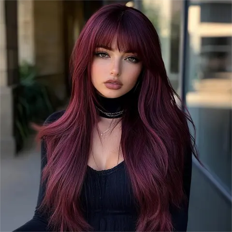 SMILCO Claret Red Bodywave Long Hair Wig with Bangs SM023 Heat Resistant Synthetic Material Adjustable Strap Mesh Cap for Daily Use
