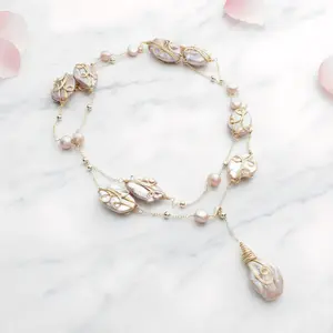 Premium Pink Baroque Pearl Necklace | Adjustable Length Exquisite Pearl Decoration | Suitable for Office Styling and Special Occasions | Birthday Gift Anniversary Gift Christmas Gift Women Wear Fashionable