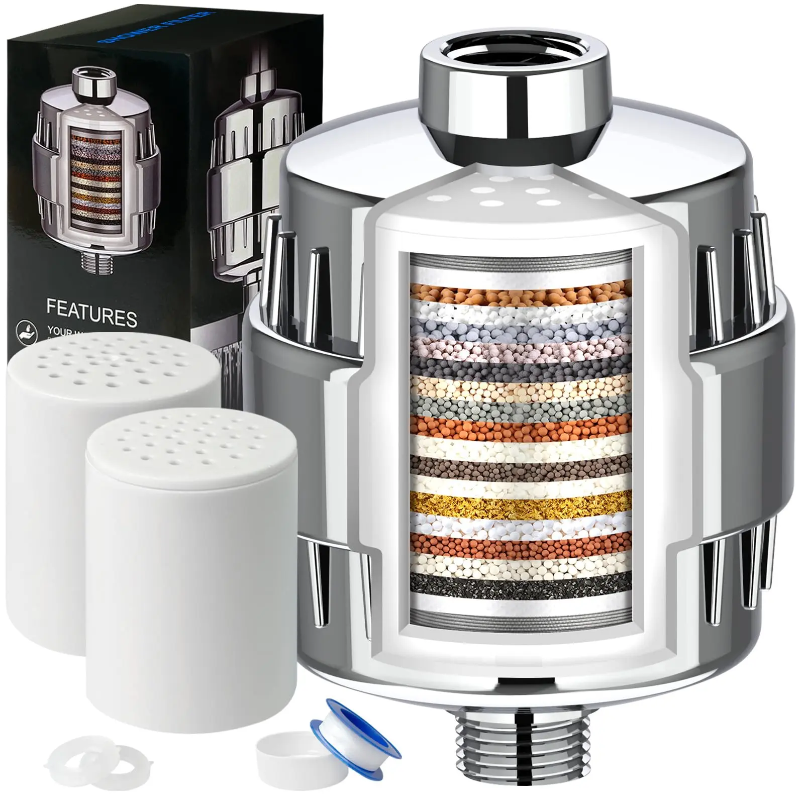 20-Stage Hard Water Shower Filter Value Pack, 2 Replaceable Cartridges Included, Removes Chlorine, Fluoride & Impurities, Universal 1 Size Fit, High Flow, Family-Friendly, Wall Mount Compatible, Teflon Tape & Washers Included, Protects Hair & Skin, One Si