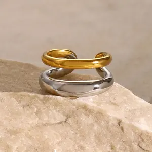 Adjustable Chunky Gold and Silver Tone Double Rings Design - Versatile Fit for Everyday Wear