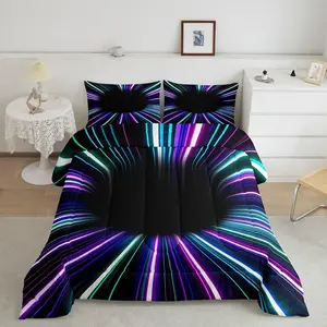 Gradient Black Light Comforter Set 3D Black Hole Geometric Queen Bedding Sets,Striped Circle Swirl,Teal Blue Purple Stripes Room for Men