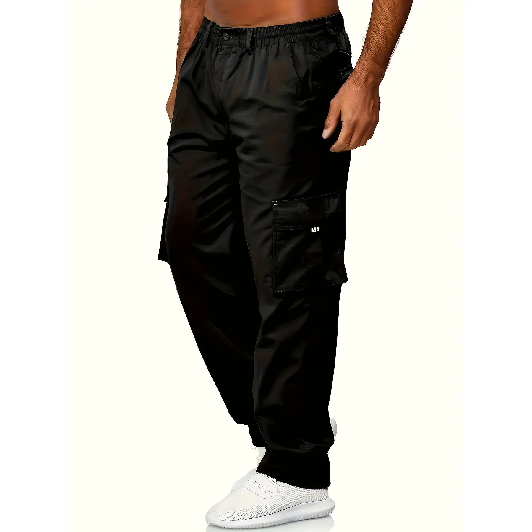 Men's Mid-Rise Plain Polyester Casual Cargo Pants - Zipper Closure, Multiple Pockets, Regular Fit, All-Season Menswear for Weekend Outings, Everyday Use, Olive Green, Fabric