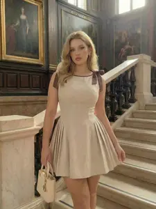 KymLuxe Plus Size Khaki Round Neck Contrast Bow Shoulder Short Dress SHEIN MOD Minimalist Commuter Summer Dress