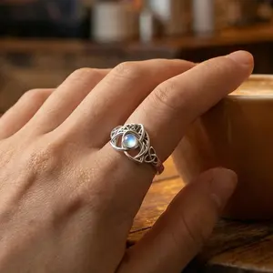 S925 Mother's Day Vintage Synthetic Moonstone Ring with Celtic Triple Knot Design, Elegant and Unique Moon Ring Jewelry for Women, Daily Wear and Party, Unisex Jewelry Gift for Her, Mother's Day Birthday Gift, Pagan Jewelry Protection Rina