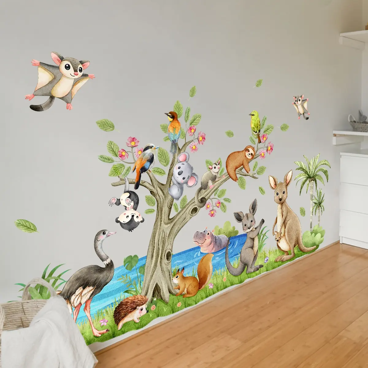 Hand-Drawn Animal Wall Stickers Set, 3 Pcs (30x90 Cm), Artistic Kangaroo & Tree Design, Cute Wall Decor, Perfect for Living Room & Bedroom Decor, Decorative Wall Sticker