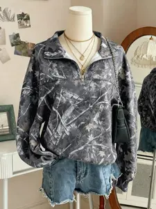 Women's Street Vintage Tree Camo Full Print Half Zip Long Sleeve Hoodie, Loose Fit Drop Shoulder, Fall & Winter Casual Wear