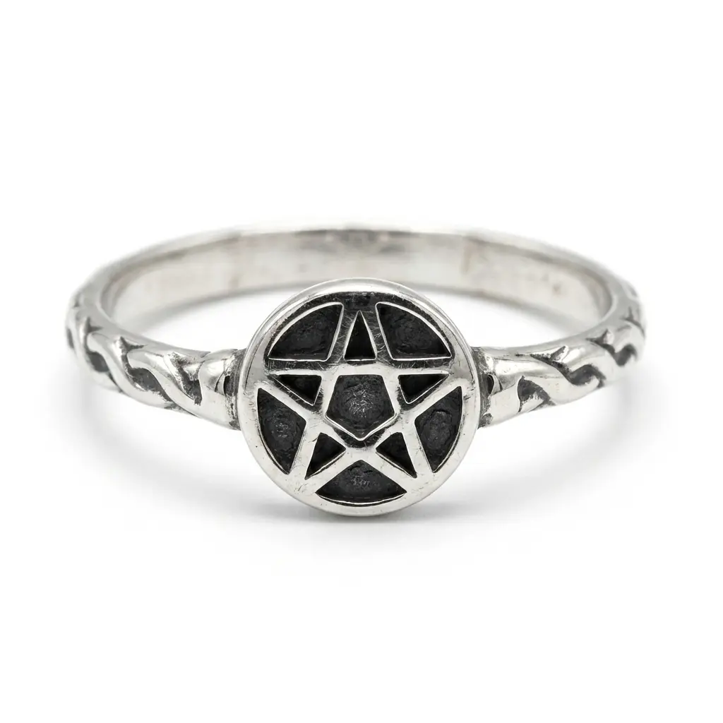 Unisex 92.5% Silver Protection Ring - Standard US Ring Size 9, Rope Band, Solid Pentagram Centerpiece Cluster, Wiccan Identity Symbol Jewelry for Daily Wear, Balance-Focused Accessory
