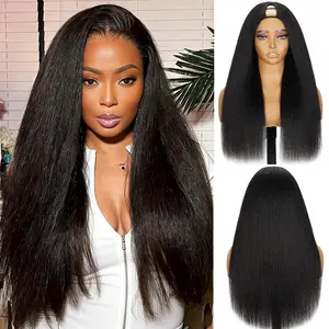 V Part Wig Human Hair 22Inch Kinky Straight Wigs for Women with Drawstring 220% Density Glueless U Part Upgraded No Leave Out,No Sew-in Yaki Straight Half Wig  Black