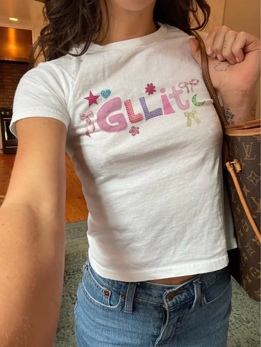 GLLIT Illit Patchwork Lettering Baby Tee, KCON LA Outfit Kpop Girl Group Fandom Shirt, Y2K, Gift For Her
