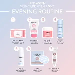 Red Aspen Evening Routine 7-Piece Deep Reset Skincare Bundle | Micellar Wipes + Exfoliating Pads + Snail Mucin + Milky Toner + Cleanser + Face Mask + Lip Peptide