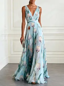Summer New Tulip Print Evening Gown for Women, Sleeveless V-Neck Long Dress, Elegant Party Wear, Fashionable Night Out Attire