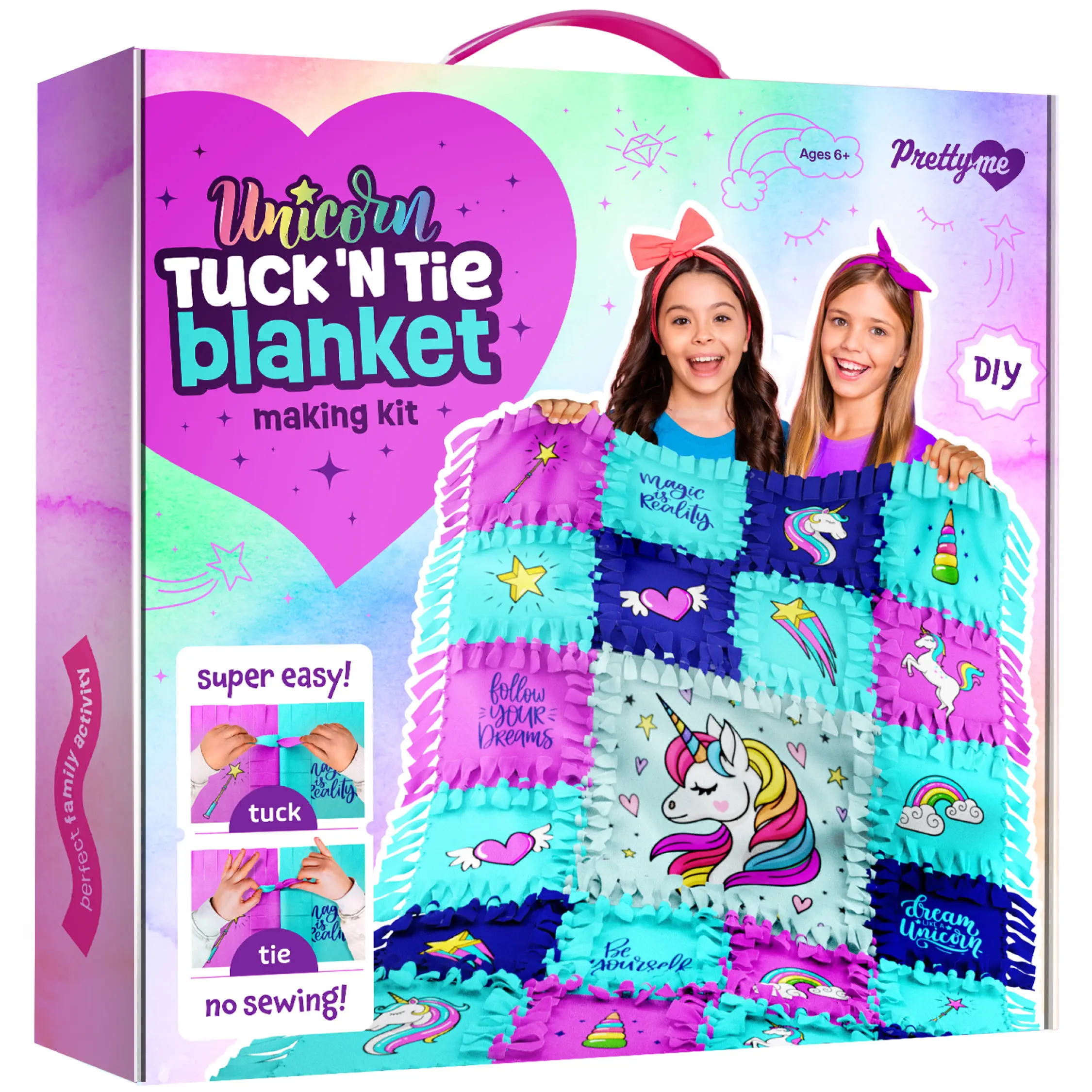 Pretty Me Kids Tuck-N-Tie Fleece Blanket Kit, DIY No-Sew 32"x48" Quilt with Unicorn & Star Graphics, Soft Fleece Material, Easy Tuck N' Tie Craft for Children